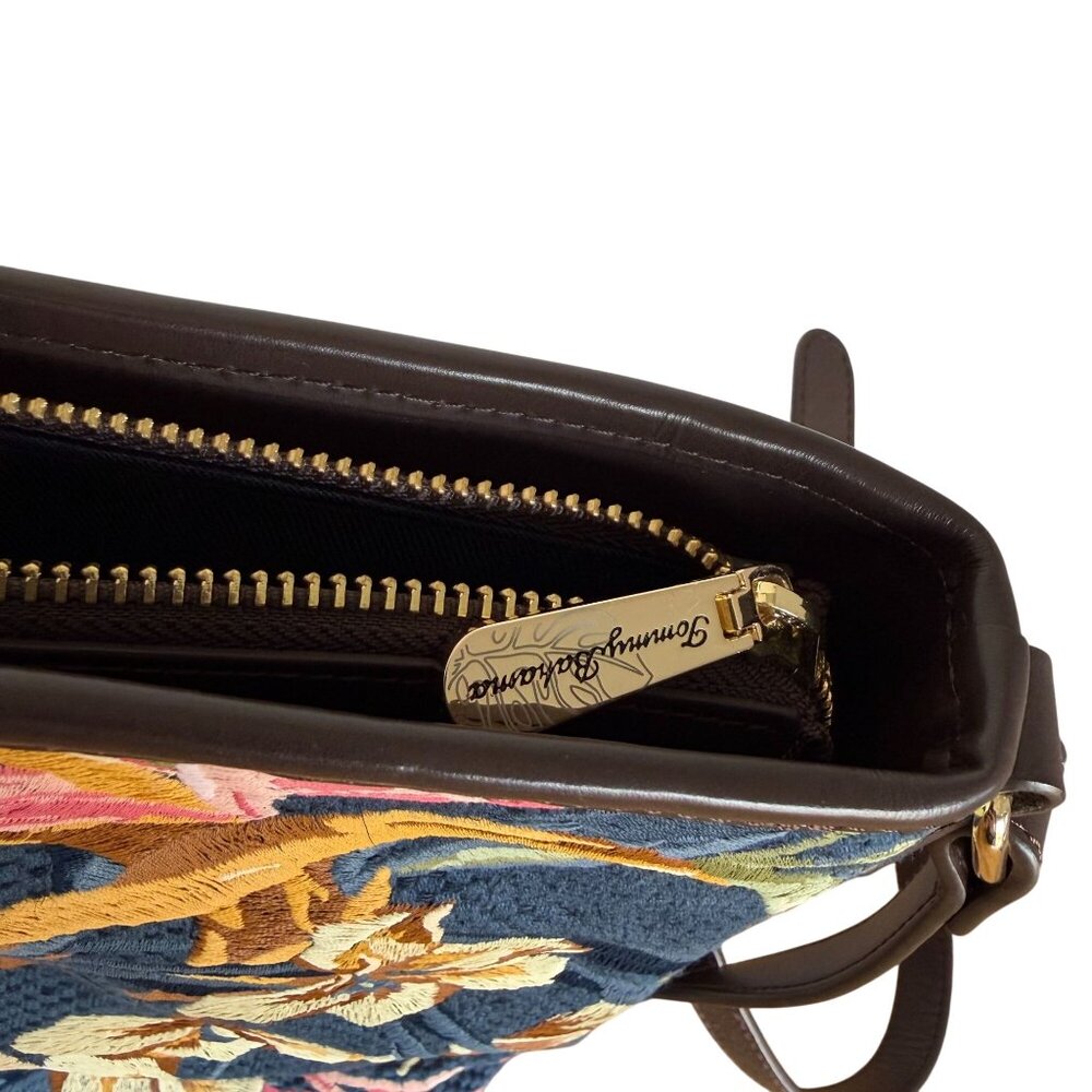 Tommy Bahama Floral Crossbody Bag Embroidered Blue Pink Brown Leather Strap - Picture 3 of 11